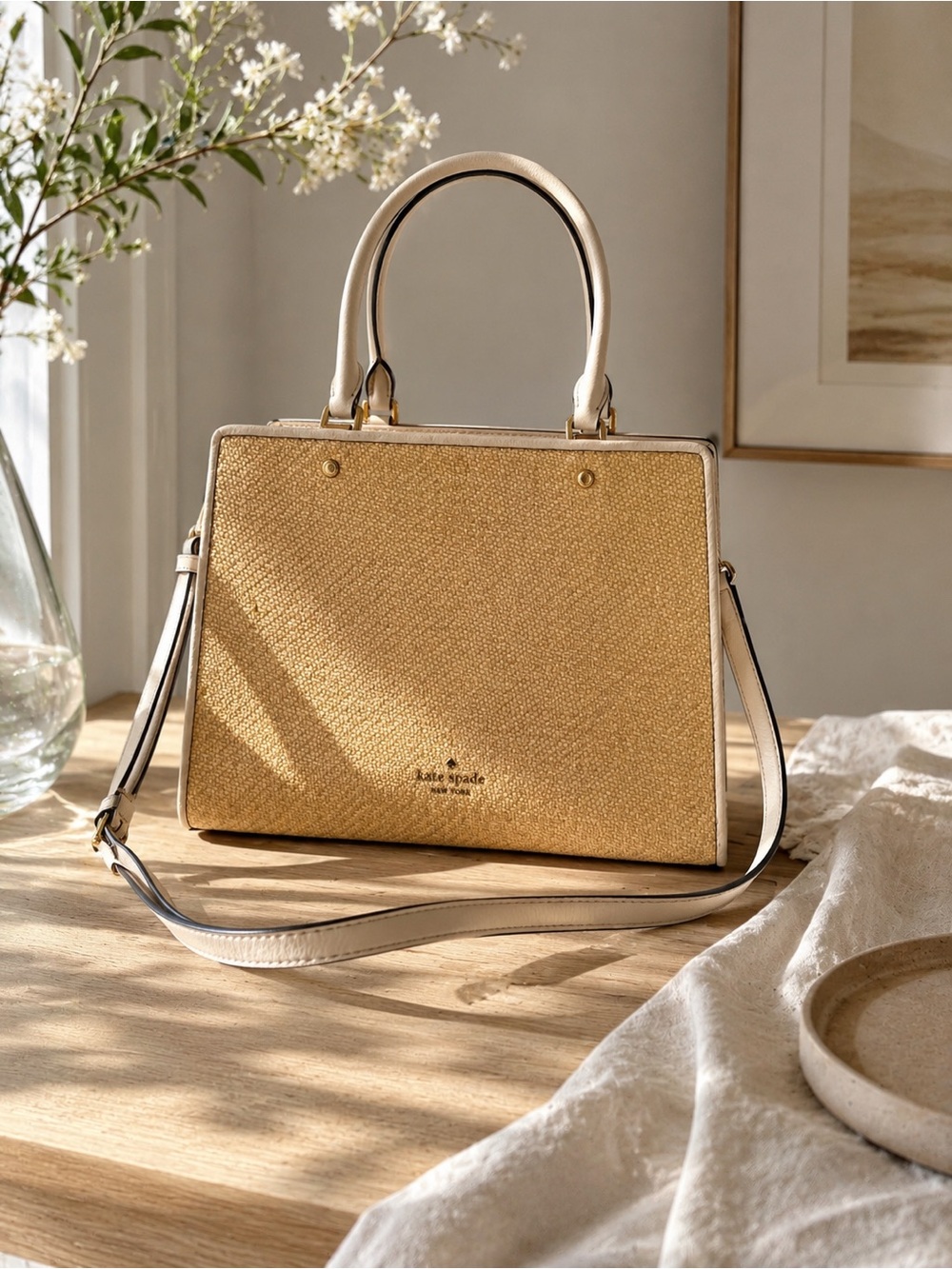 Kate ♠️ Spade Lelia Triple Compartment Medium Straw Satchel Cream Leather Gold